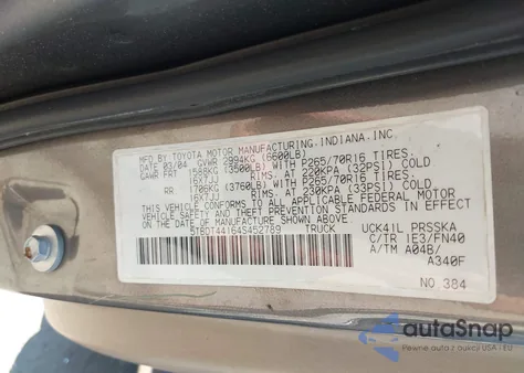 2004 Toyota Tundra Sr5 V8 z USA, uszkodzony, nr VIN 5TBDT44164S452789